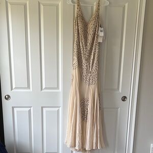 Sue Wong Cream and Tan Maxi Dress